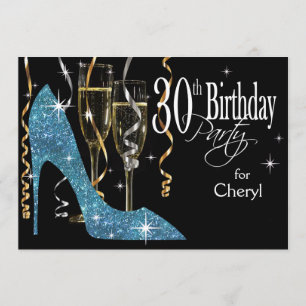 Invitación Glitter Stiletto Champagne Cumpleaños 30 bebé azul
