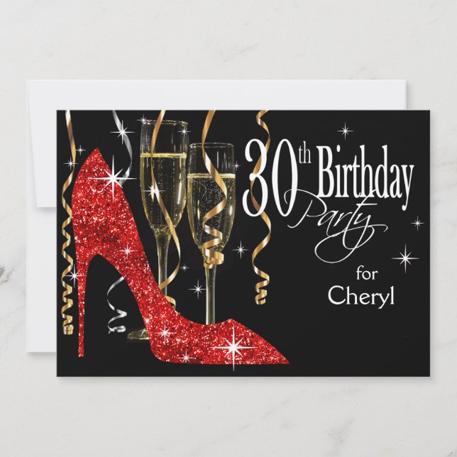 Invitación Glitter Stiletto Champagne Cumpleaños 30 Rojo (Anverso)