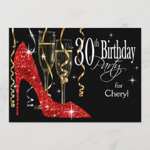 Invitación Glitter Stiletto Champagne Cumpleaños 30 Rojo