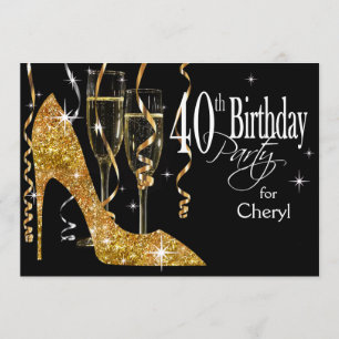 Invitación Glitter Stiletto Champagne Cumpleaños 40 dorado