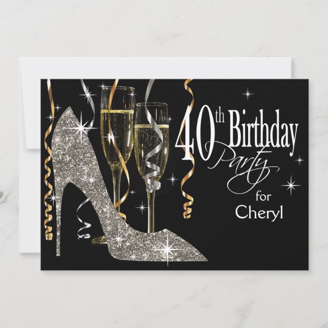 Invitación Glitter Stiletto Champagne Cumpleaños 40 silver (Anverso)