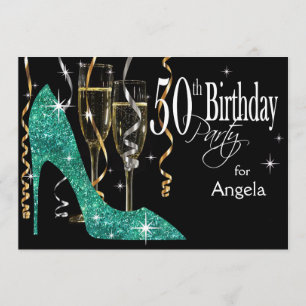 Invitación Glitter Stiletto Champagne Cumpleaños 50 Teal