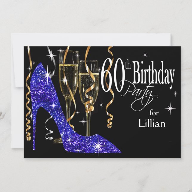 Invitación Glitter Stiletto Champagne Cumpleaños 60 Azul (Anverso)