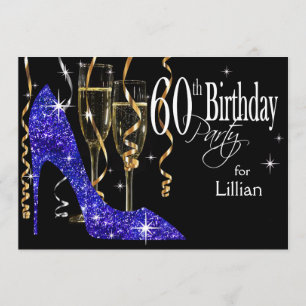 Invitación Glitter Stiletto Champagne Cumpleaños 60 Azul