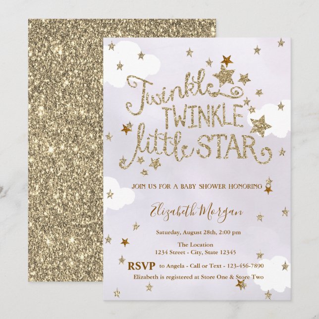 Invitación Glitter Twinkle Little Star Lavender Baby Shower (Anverso / Reverso)
