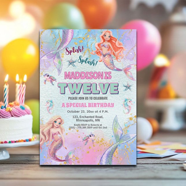 Invitación Glitter Under the Sea Mermaids 12th Birthday Party (Subido por el creador)