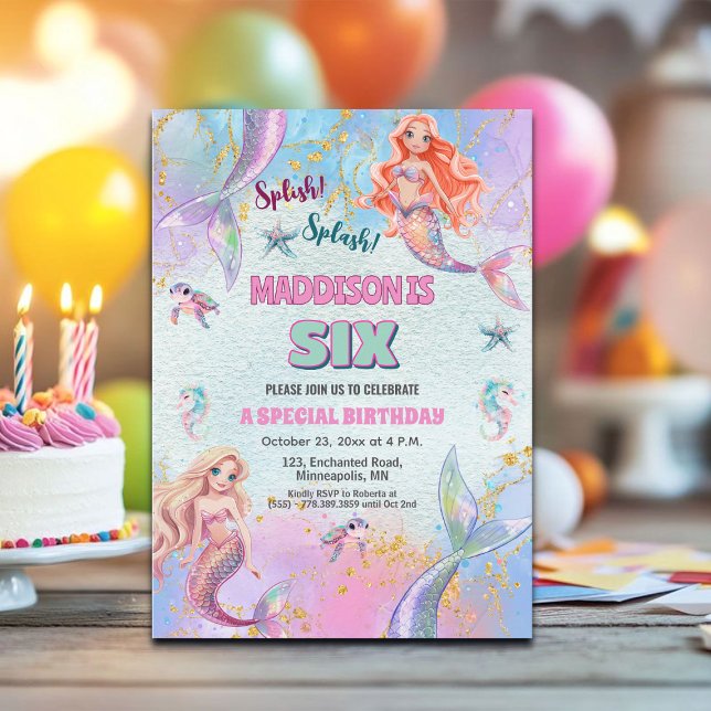 Invitación Glitter Under the Sea Mermaids 6th Birthday Party (Subido por el creador)