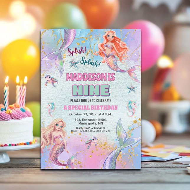 Invitación Glitter Under the Sea Mermaids 9th Birthday Party (Subido por el creador)