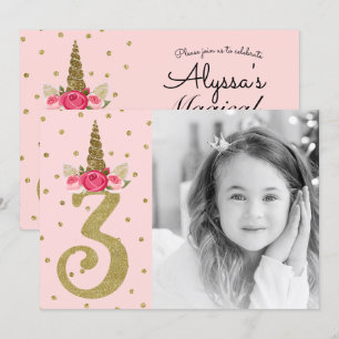 Invitación Glitter Unicornio de Oro Rosa Cumpleaños 3 3º Fies