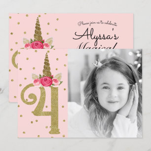 Invitación Glitter Unicornio de Oro Rosa Cumpleaños 4 4to Par