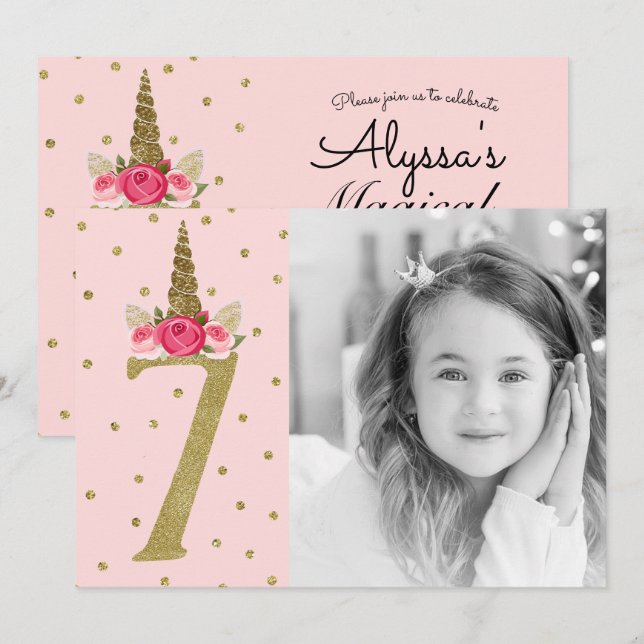 Invitación Glitter Unicornio de Oro Rosa Fiesta de Cumpleaños (Anverso / Reverso)