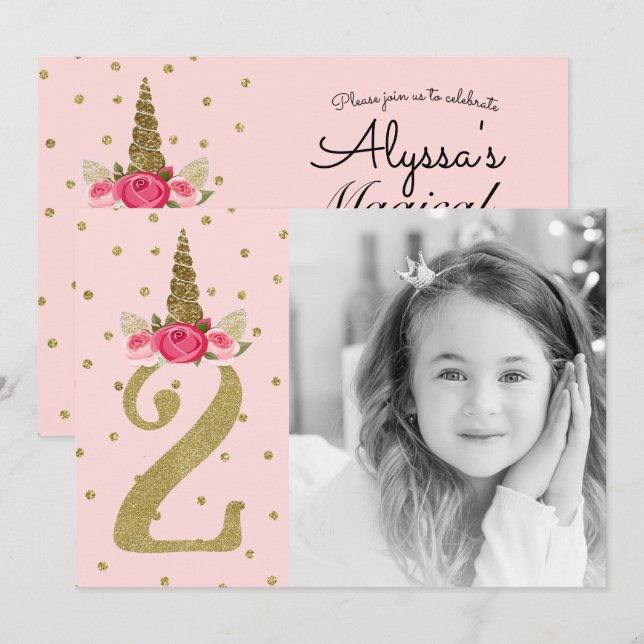 Invitación Glitter Unicornio de Oro Rosa Fiesta de Cumpleaños (Anverso / Reverso)