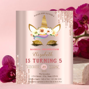Invitación Glitter Unicornio Dorado, Cumpleaños con Goteo de 