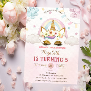 Invitación Glitter Unicornio Dorado,Globos Cumpleaños Rosa Do