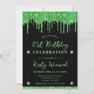 Invitación Glitter Verde que Gotea sobre Bokeh Negro Cumpleañ