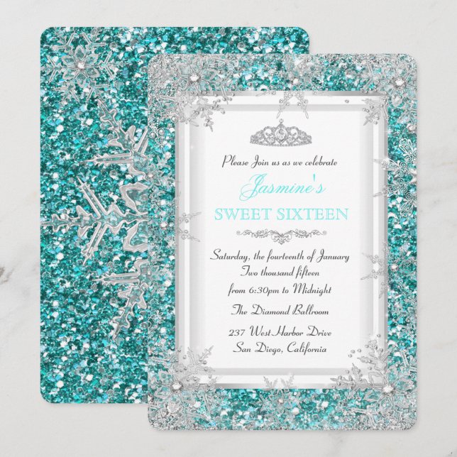 Invitación Glitter Verde Teal Plata Invierno Encantado Dulces (Anverso / Reverso)