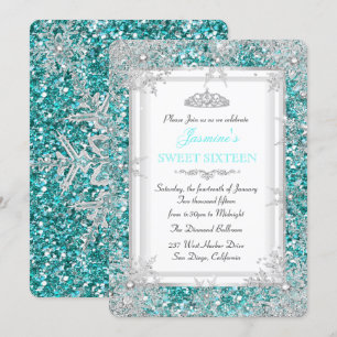 Invitación Glitter Verde Teal Plata Invierno Encantado Dulces