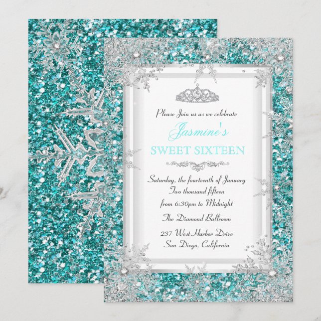 Invitación Glitter Verde Teal Plata Invierno Paisaje Encantad (Anverso / Reverso)
