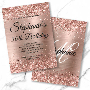 Invitación Glitter y Monograma Elegante de Rosa Dourada