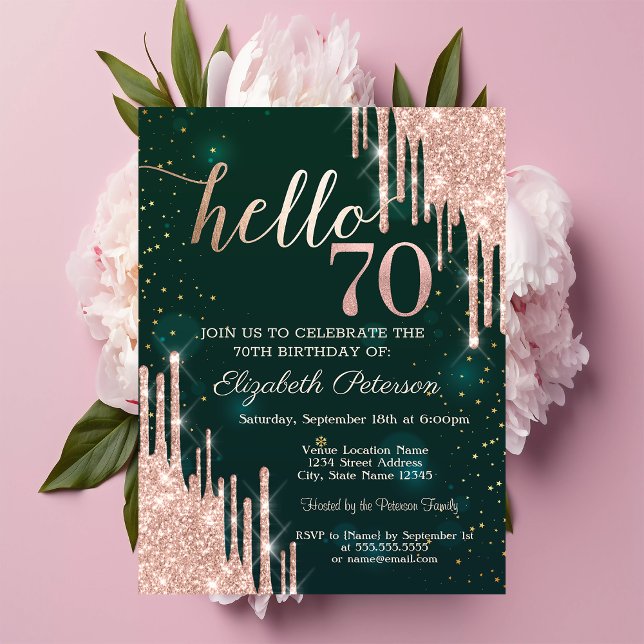 Invitación Glitteras Modernas de Rosa Dorado que Caen Verde C (Subido por el creador)