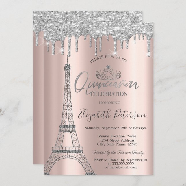 Invitación GlitterTorre Eiffel,Tiara,Dris Plata Quinceañera (Anverso / Reverso)