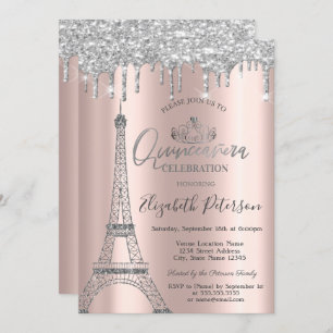 Invitación GlitterTorre Eiffel,Tiara,Dris Plata Quinceañera
