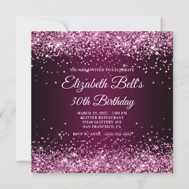 Invitación Glittery Burgundy Wine Ombre 40th Birthday (Anverso)