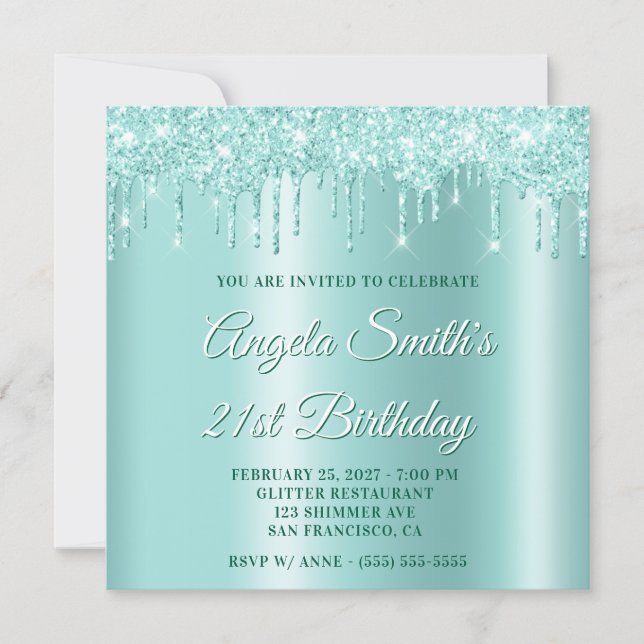 Invitación Glittery Drips Light Teal Ombre Drop Shadow (Anverso)