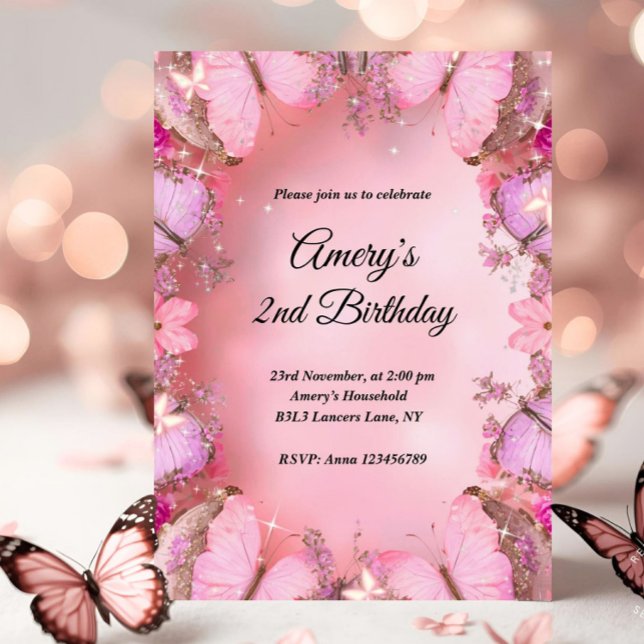 Invitación Glittery Elegant Pink Purple Butterfly Birthday (butterfly birthday invitation, pink butterfly birthday, little butterfly birthday, our little butter)