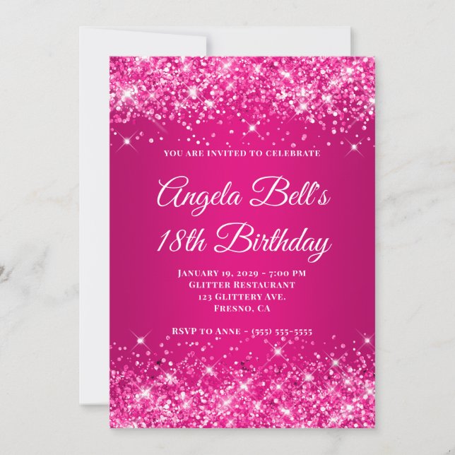 Invitación Glittery Hot Pink Frambuesa Ombre 18 Cumpleaños (Anverso)
