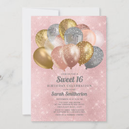 Invitación Glittery Pink Silver Gold Globos Dulces 16