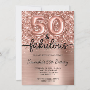 Invitación Glittery Rose Gold Glam 50 y Fabulosa