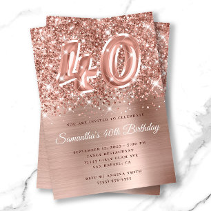 Invitación Glittery Rose Gold Glam Número Cumpleaños 40