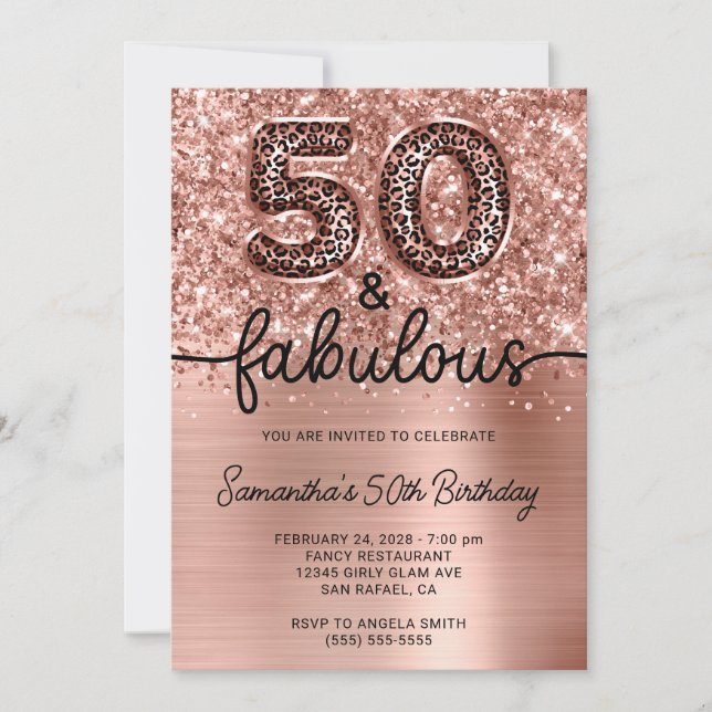 Invitación Glittery Rose Gold Leopard Glam 50 and Fabulous (Anverso)
