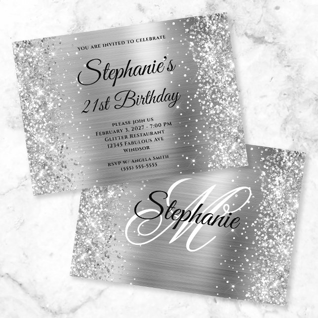 Invitación Glittery Silver Fancy Monogram 21st Birthday (Subido por el creador)