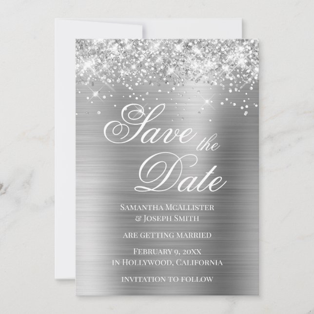 Invitación Glittery Silver Foil Save the Date (Anverso)