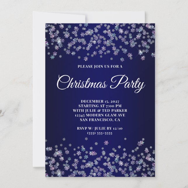 Invitación Glittery Snowflakes Navy Ombre Christmas Party (Anverso)