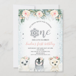 Invitación Glittler Plata Un Animal De Invierno Primer Cumple