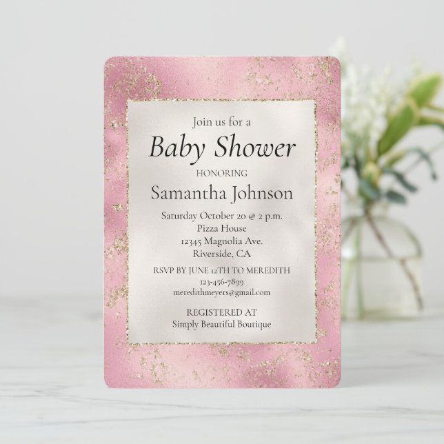 Invitación Glitz Baby Shower, Purpurina de Oro Blanco Perla R (Anverso de pie)