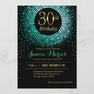 Invitación Glitz Bling Confetti 30 cumpleaños aqua negro dora