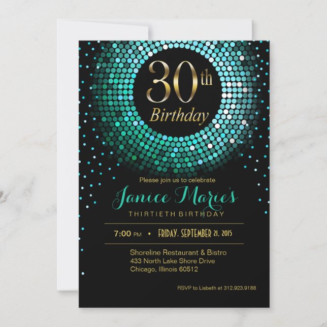 Invitación Glitz Bling Confetti 30 cumpleaños aqua oro negro (Anverso)