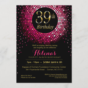 Invitación Glitz Bling Confetti 39 cumpleaños oro fuchsia