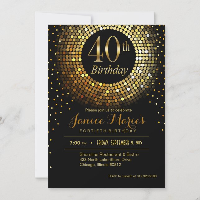 Invitación Glitz Bling Confetti 40º cumpleaños | negro dorado (Anverso)