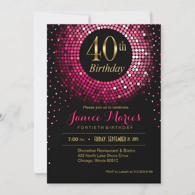 Invitación Glitz Bling Confetti 40 cumpleaños| oro fuchsia (Anverso)