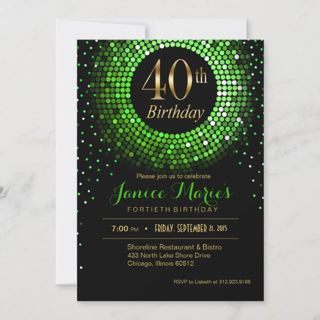 Invitación Glitz Bling Confetti 40 cumpleaños| Oro verde (Anverso)