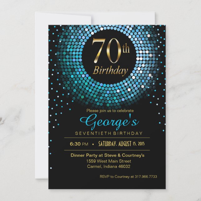 Invitación Glitz Bling Confetti 70 cumpleaños oro azul negro (Anverso)