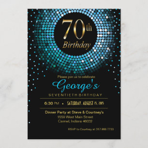 Invitación Glitz Bling Confetti 70 cumpleaños oro azul negro
