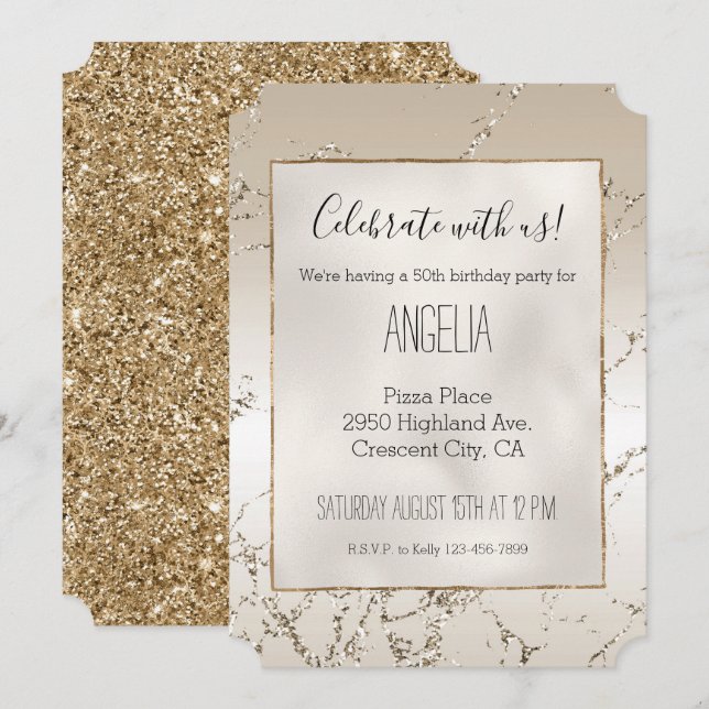 Invitación Glitz de Mármol Ombre blanco y oro dorado (Anverso / Reverso)