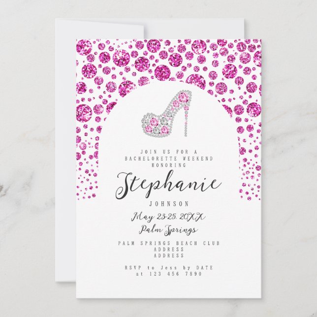Invitación Glitz & Glam Diamantes rosas Fiesta de Bachelorett (Anverso)