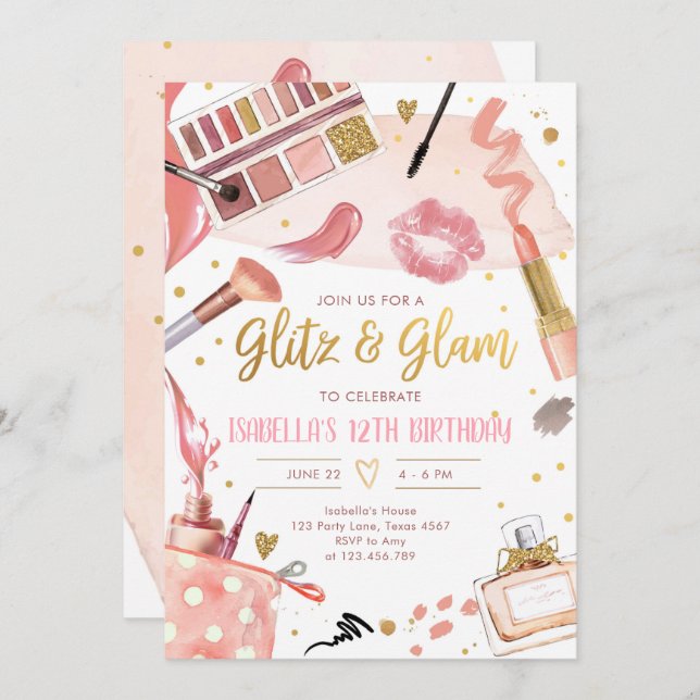 Invitación Glitz Glam Glamor Spa Fiesta Chica Makeup Cumpleañ (Anverso / Reverso)